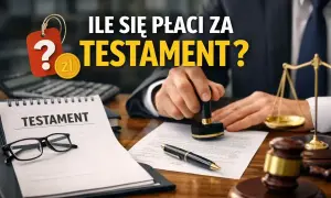 Pytanie o koszt testamentu notarialnego. Widoczny notariusz z pieczęcią, waga sprawiedliwości, dokument "TESTAMENT" i okulary.