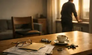 Na stole leżą dokumenty, okulary, zegarek, filiżanka kawy, klucze i obrączka. Mężczyzna patrzy przez okno. Zastanawia się, ile wynosi zachowek.
