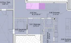 Plan mieszkania z zaznaczonymi pomieszczeniami: hol (31.53 m²), garderoba (7.37 m²), spiżarnia (6.24 m²), kuchnia (29.07 m²). Całkowita powierzchnia użytkowa do zagospodarowania.