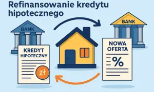 Ilustracja pokazuje proces refinansowania kredytu hipotecznego. Dom symbolizuje nieruchomość, a dokumenty z banków - oferty kredytowe.