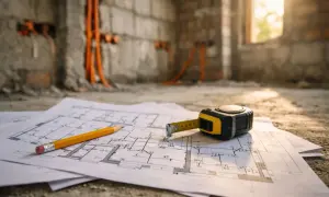 Plany budowy, ołówek i miarka leżą na podłodze. W tle widać ściany z przygotowaną instalacją elektryczną.