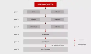 Schemat dziedziczenie ustawowe: spadkodawca, dzieci, małżonek, rodzice, rodzeństwo, dziadkowie, pasierbowie, skarb państwa.