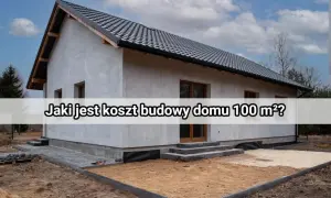 Szary dom w trakcie budowy, z widocznym dachem i oknami. Na fasadzie napis: "Jaki jest koszt budowy domu 100 m²?".