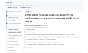 Formularz PCC-3(6) - krok 4 z 9. Obliczanie podatku od czynności cywilnoprawnych, jak zapłacić PCC-3 przez internet.