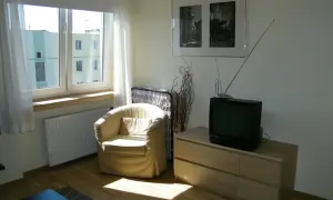 Stary telewizor i fotele, pamiątka po dziadkach, symbolizują dziedziczenie.