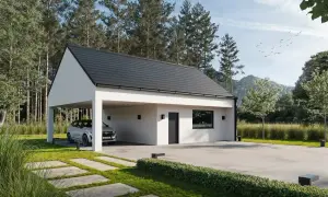 Nowoczesny budynek gospodarczy na zgłoszenie z wiatą na samochód, otoczony zielenią i lasem.