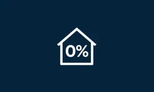 Biały zarys domu z napisem "0%" w środku. Symbolizuje kredyt bez wkładu własnego, marzenie o własnym M staje się realne.