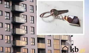 Klucz do nowego mieszkania, symbol nowego początku. Nowoczesny budynek i brelok w kształcie domu, idealny na depozyt.