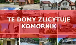 Kolaż zdjęć domów z napisem "TE DOMY ZLICYTOWUJE KOMORNIK". Okazja do zakupu nieruchomości na licytacja komornicza.