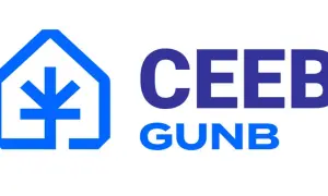 Logo CEEB GUNB, czyli Centralna Ewidencja Emisyjności Budynków. Symbol domu z płomieniem.