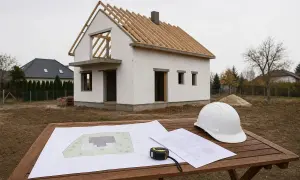 Na stole leżą plany i biały kask. W tle budowany jest dom na zgłoszenie, z widoczną konstrukcją dachu.