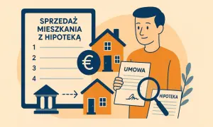 Mężczyzna analizuje umowę i dokumenty dotyczące sprzedaży mieszkania z hipoteką. W tle domy i symbol euro.