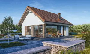 Nowoczesny dom 70m2 bez pozwolenia, z dużymi przeszkleniami i tarasem, otoczony zielenią. Idealny dla ceniących spokój i wygodę.