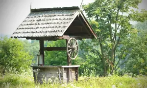 Drewniana studnia głębinowa z kołem i latarnią, otoczona polnymi kwiatami. Zastanawiasz się nad studnia głębinowa koszt?