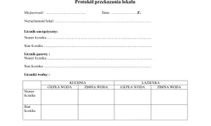 Formularz protokół zdawczo odbiorczy lokalu, zawiera pola na dane nieruchomości, liczniki (energetyczny, gazowy, wodne w kuchni i łazience) oraz klucze.