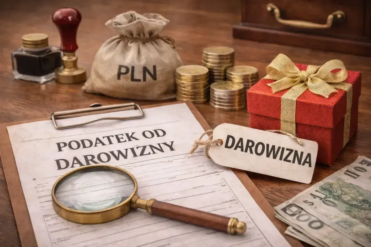 Dokument "Podatek od darowizny", worek z PLN, monety, czerwone pudełko z kokardą i lupa. Zstępny podatek czeka.