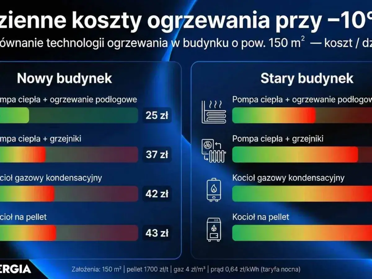 Porównanie kosztów ogrzewania: kocioł gazowy kondensacyjny w starym budynku to 42 zł/dzień. W nowym budynku pompa ciepła z ogrzewaniem podłogowym to tylko 25 zł.
