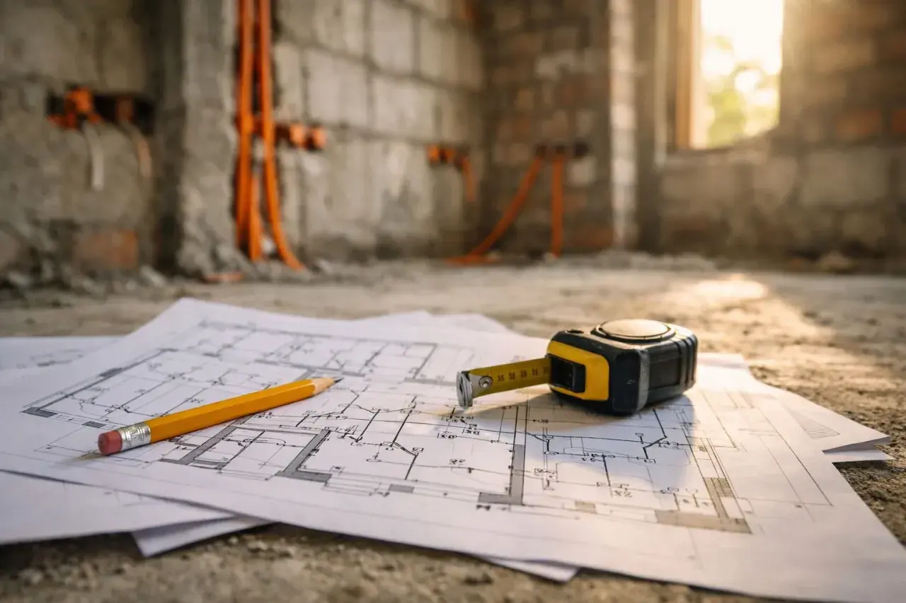 Plany budowy, ołówek i miarka leżą na podłodze. W tle widać ściany z przygotowaną instalacją elektryczną.