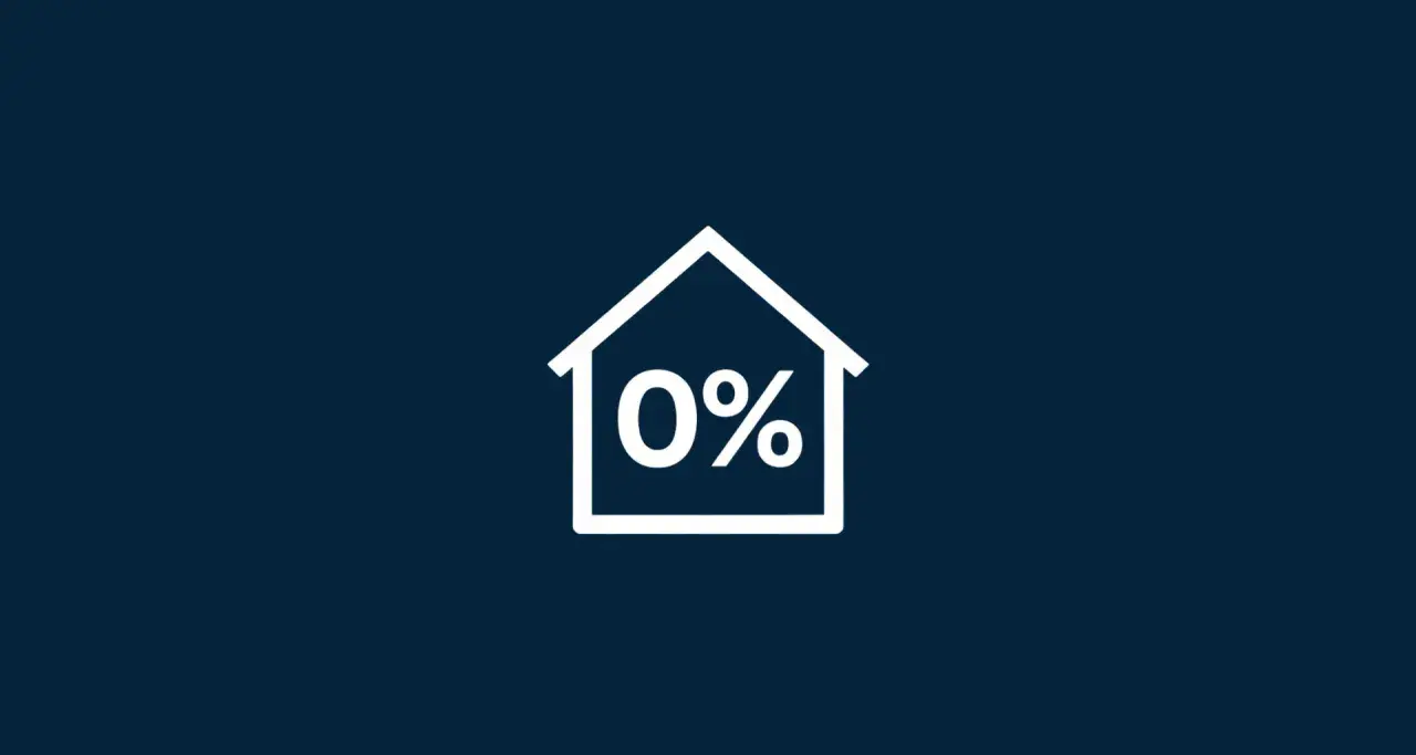 Biały zarys domu z napisem "0%" w środku. Symbolizuje kredyt bez wkładu własnego, marzenie o własnym M staje się realne.