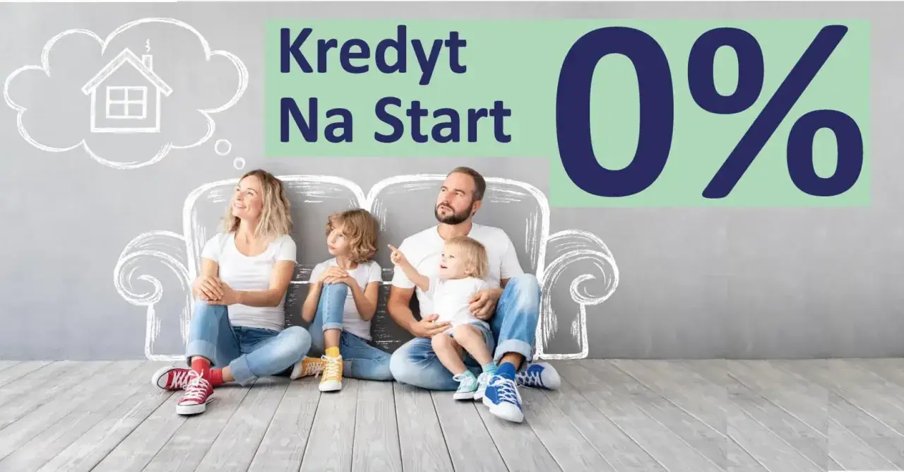 Rodzina marzy o domu, a tekst "Kredyt Na Start 0%" sugeruje, że marzenie o własnym M jest teraz łatwiejsze do zrealizowania.