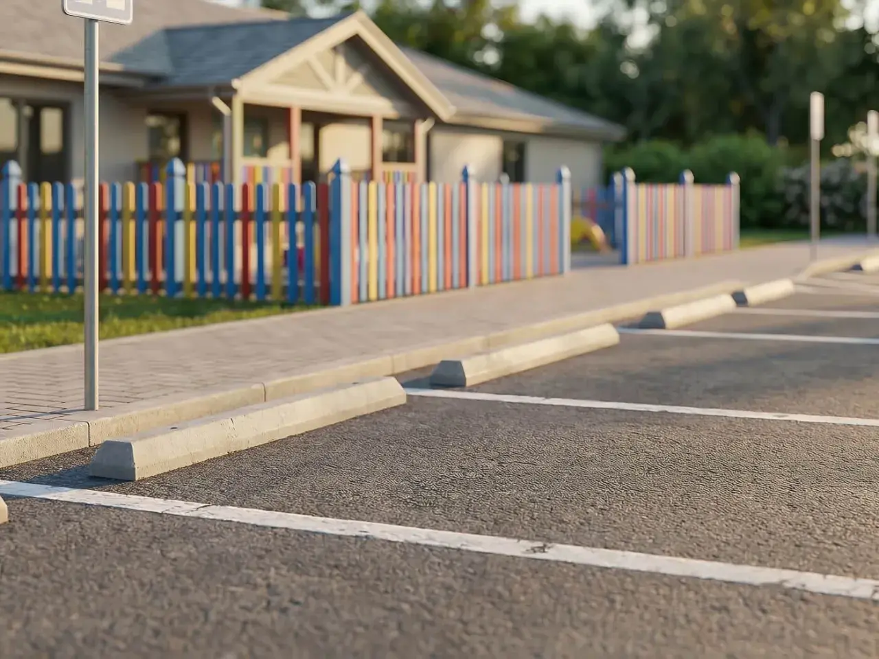 Puste miejsca parkingowe z wyznaczonymi liniami i odbojnikami. W tle kolorowy płotek i budynek. Wymiary miejsca parkingowego są standardowe.