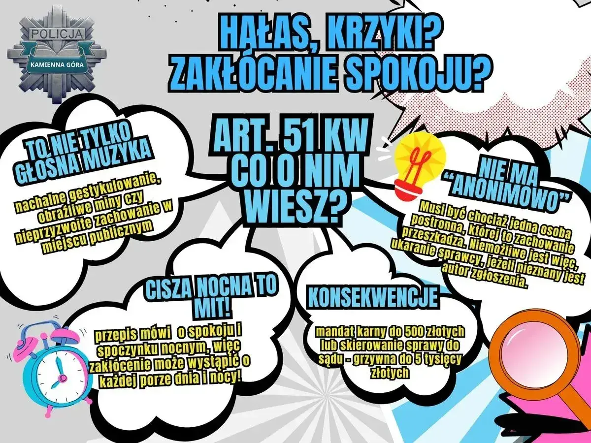 Plakat informuje o zakłócaniu spokoju, hałasie i krzykach. Przypomina, że cisza nocna to mit, a zakłócanie spokoju może wystąpić o każdej porze.