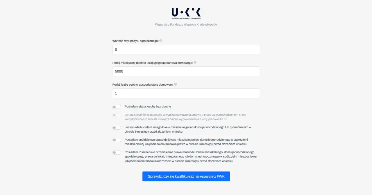 Formularz wniosku o wsparcie z Funduszu Wsparcia Kredytobiorców. Wpisz dane o racie, dochodzie i liczbie osób.