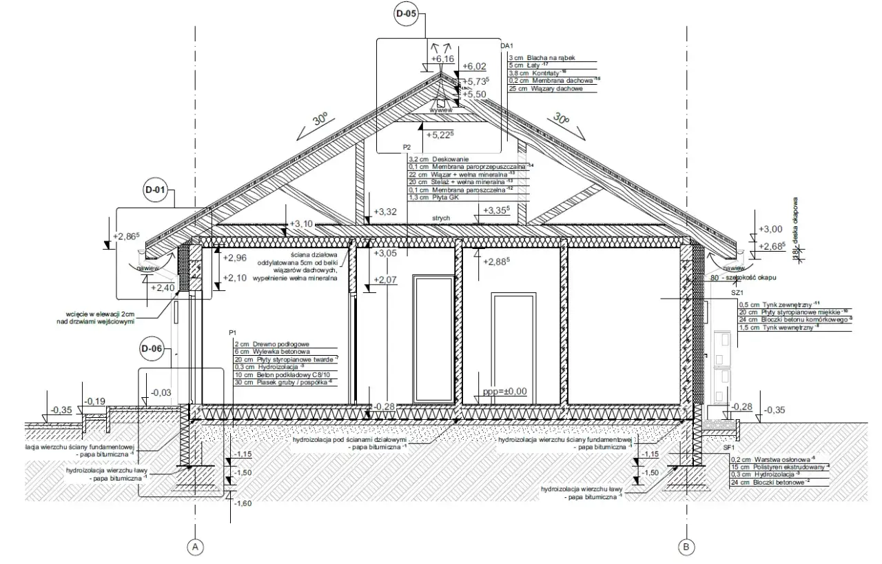 Przekrój przez budynek z widocznym projektem budowlanym, detalami konstrukcyjnymi i izolacjami.