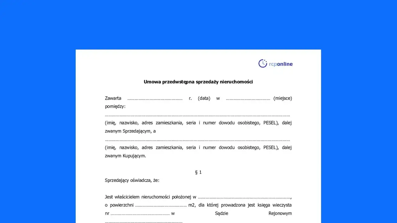 Umowa przedwstępna sprzedaży nieruchomości zawiera dane sprzedającego i kupującego, informacje o nieruchomości oraz jej powierzchni.
