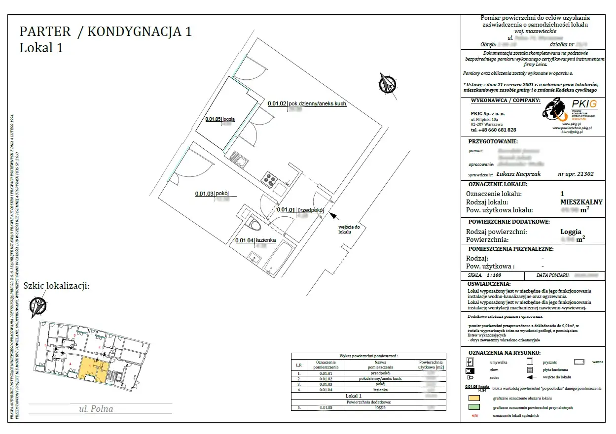 Plan lokalu mieszkalnego z podziałem na pomieszczenia i ich powierzchnię użytkową.