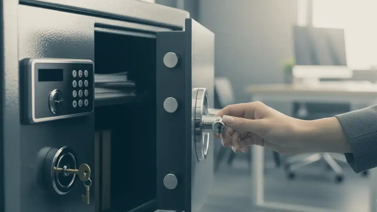Dłoń przekręca klamkę sejfu, przygotowując się do złożenia ważnych dokumentów.