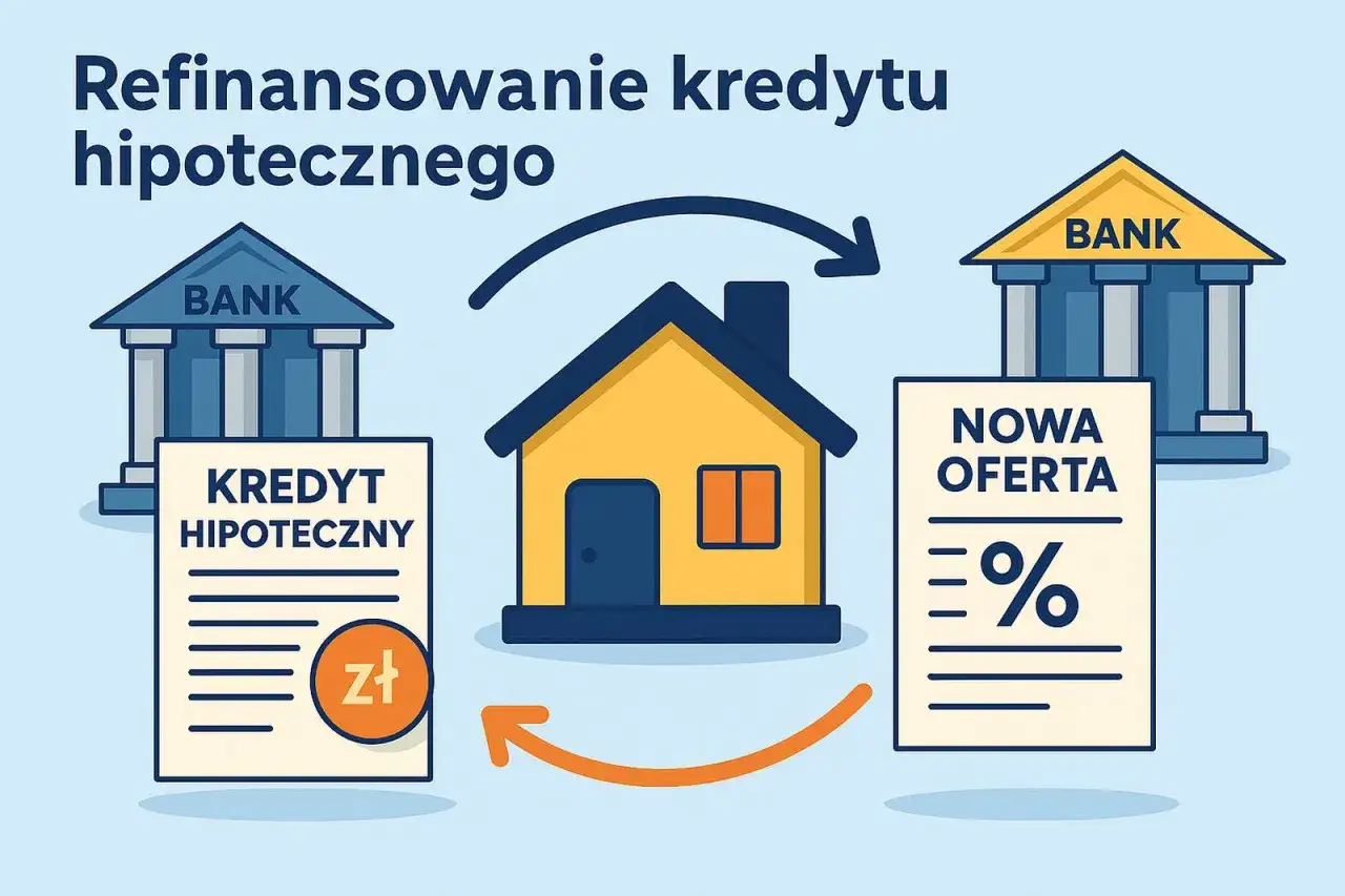 Ilustracja pokazuje proces refinansowania kredytu hipotecznego. Dom symbolizuje nieruchomość, a banki i dokumenty przedstawiają oferty kredytowe.