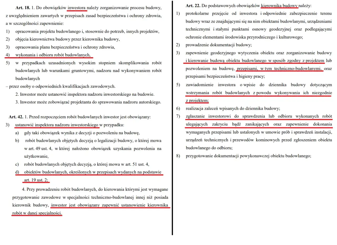 Zapisy dotyczące dziennika budowy, odbioru robót budowlanych i obowiązków kierownika budowy.