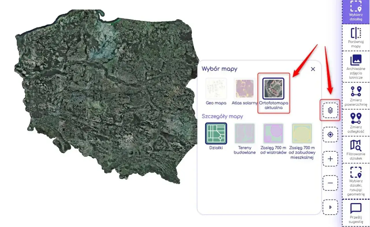 Widok Polski z satelity. Wybrano ortofotomapę jako osnowę mapy, dostępne są też inne warstwy.