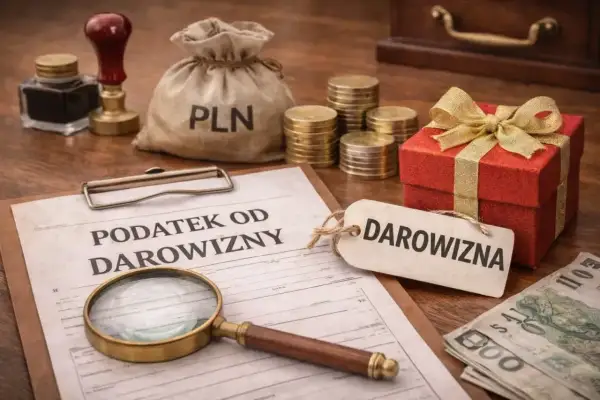 Dokument "Podatek od darowizny", worek z PLN, monety, czerwone pudełko z kokardą i lupa. Zstępny podatek czeka.