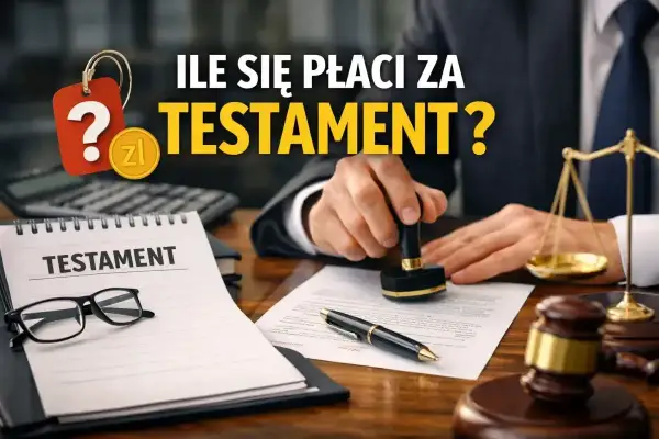 Pytanie o koszt testamentu notarialnego. Widoczny notariusz z pieczęcią, waga sprawiedliwości, dokument "TESTAMENT" i okulary.
