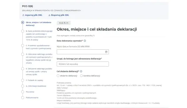 Formularz PCC-3(6) - Okres, miejsce i cel składania deklaracji. Wpisz datę dokonania czynności i wybierz urząd skarbowy.