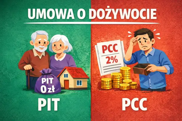 Umowa o dożywocie: z lewej starsza para z domem i workiem "PIT 0 zł", z prawej młody człowiek z pustym portfelem i stosem monet, symbolizującym PCC 2%.