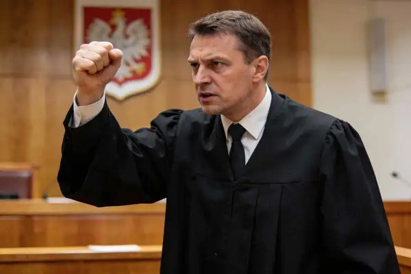 Sędzia z zaciętą miną podnosi pięść, symbolizując walkę o sprawiedliwość w sprawie skarga pauliańska.