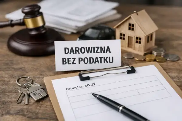 Formularz SD-Z2 i klucze do domu symbolizują umowę darowizny pieniędzy. Obok młotek sędziowski i domek sugerują formalności prawne.