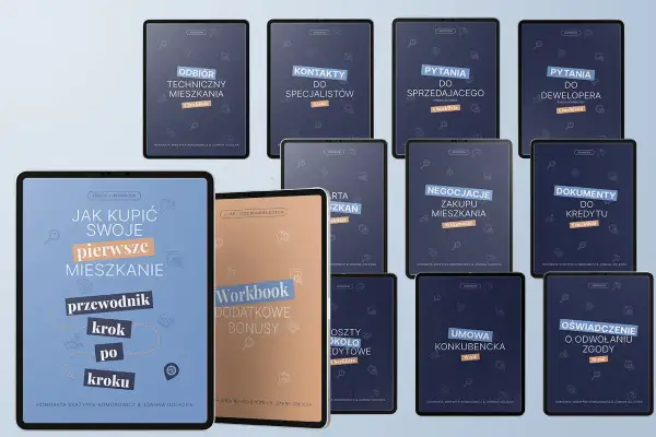 Zestaw materiałów edukacyjnych, w tym ebook "Jak kupić swoje pierwsze mieszkanie", który pomoże w uzyskaniu kredytu dla młodych.