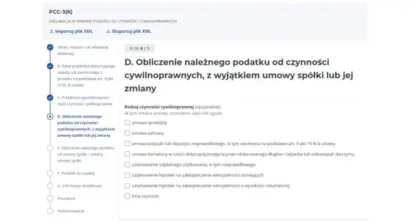 Formularz PCC-3(6) - krok 4 z 9. Obliczanie podatku od czynności cywilnoprawnych, jak zapłacić PCC-3 przez internet.
