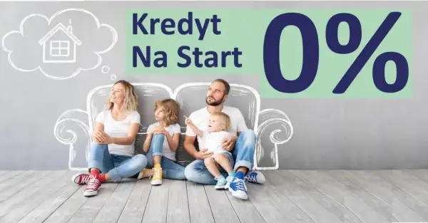Rodzina marzy o domu, a tekst "Kredyt Na Start 0%" sugeruje, że marzenie o własnym M jest teraz łatwiejsze do zrealizowania.