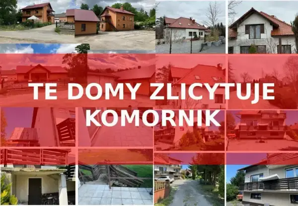 Kolaż zdjęć domów z napisem "TE DOMY ZLICYTOWUJE KOMORNIK". Okazja do zakupu nieruchomości na licytacja komornicza.