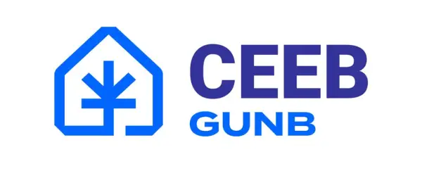 Logo CEEB GUNB, czyli Centralna Ewidencja Emisyjności Budynków. Symbol domu z płomieniem.