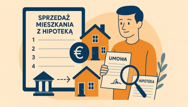 Mężczyzna analizuje umowę i dokumenty dotyczące sprzedaży mieszkania z hipoteką. W tle domy i symbol euro.