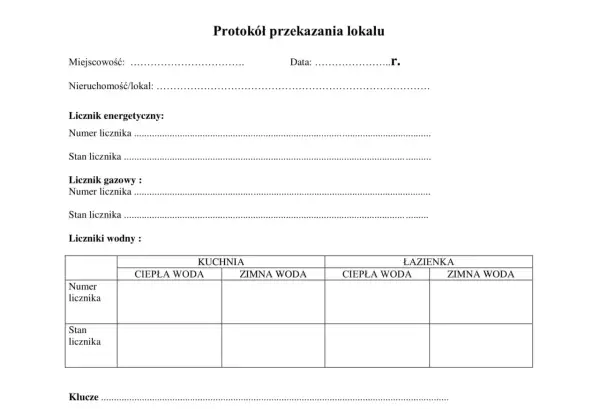 Formularz protokół zdawczo odbiorczy lokalu, zawiera pola na dane nieruchomości, liczniki (energetyczny, gazowy, wodne w kuchni i łazience) oraz klucze.